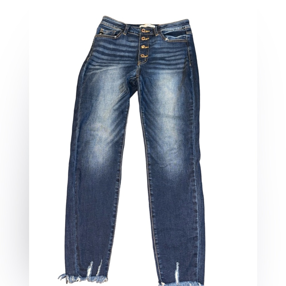 Kan Can cropped distressed denim button fly jeans‎ size 9 rose gold buttons 9/28